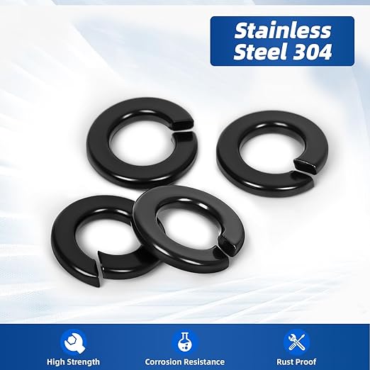 1/4" Split Lock Washer, 304 Stainless Steel 18-8 Spring Lock Washers for Bolts and Nuts, Black Finish, 100 PCS
