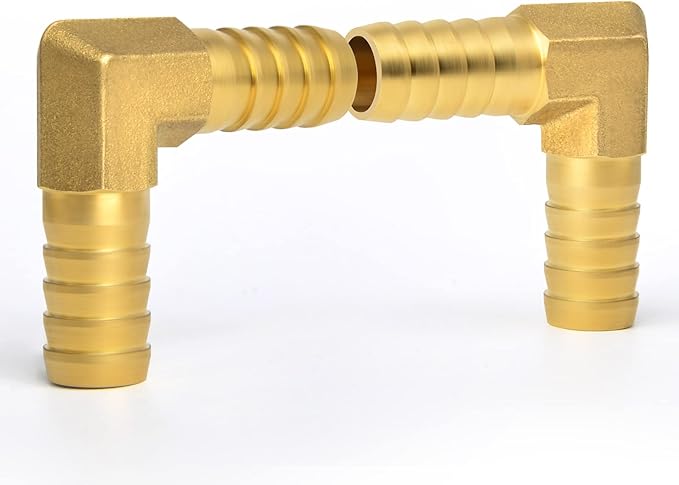 GASHER 2 Pieces Brass Hose Barb Reducer, 5/8 Inch to 5/8 Inch Barb Hose ID 90 Degree L Right Angle Elbow with 4 Hose Clamps, Brass Barb Reducer SPLICER Fitting Fuel/AIR/Water/Oil/Gas/WOG