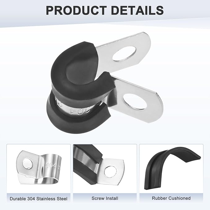 25-Pack Cable Clamps, 15/64 Inch/ 6 mm 304 Stainless Steel Rubber Cushioned Insulated Cable Clamp R Shape Metal Holder for Tube/Wire/Pipe/Loop Installation