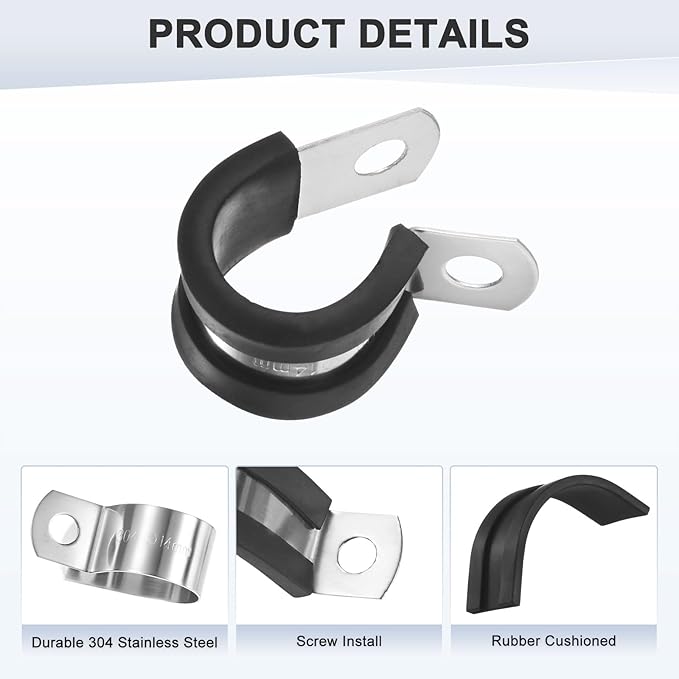 25-Pack Cable Clamps, 9/16 Inch/ 14 mm 304 Stainless Steel Rubber Cushioned Insulated Cable Clamp R Shape Metal Holder for Tube/Wire/Pipe/Loop Installation