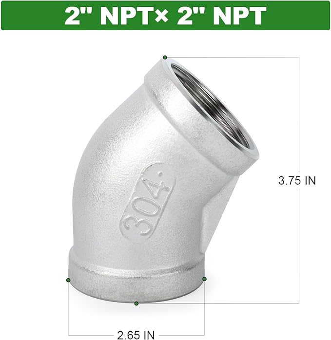 TAISHER 1PCS 304 Stainless Steel 45 Degree elbow,2" NPT Female x 2" NPT Female 304 Stainless Pipe Fitting