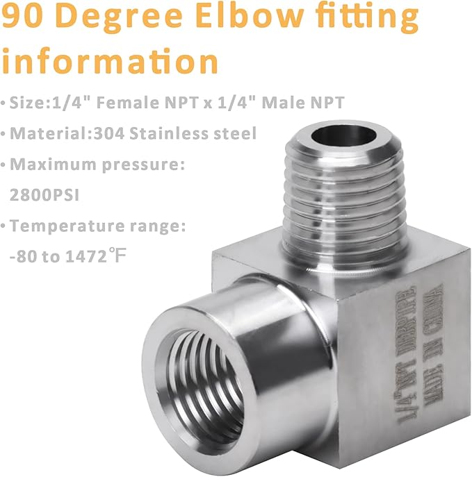 90 Degree Street Elbow - 1/4" NPT Male to 1/4" NPT Female Stainless Steel 304 Heavy Duty Forged Square Barstock Street Elbow Adapter Pipe Fitting (pack of 2)