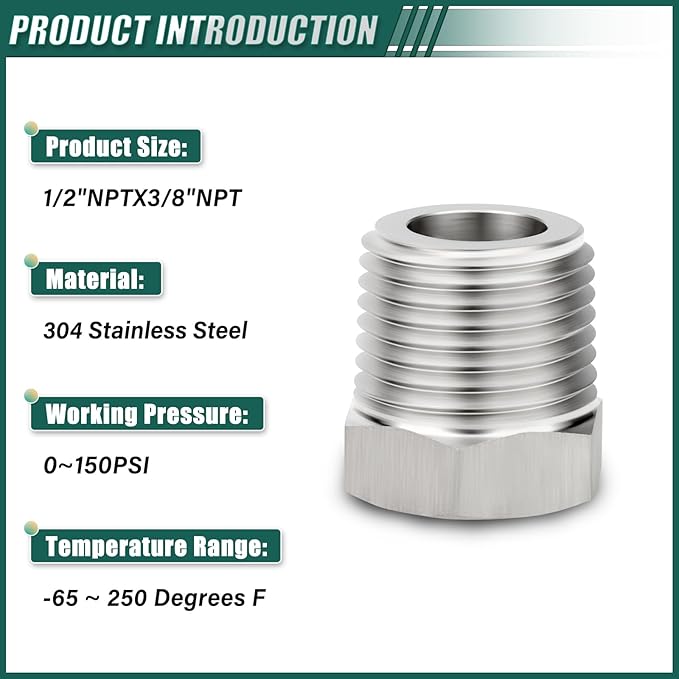 5PCS 304 Stainless Steel Reducer Hex Bushing, 1/2" NPT Male x 3/8" NPT Female, Reducing Pipe Adapter Fitting, for Air/Fuel/Water/Gas/Oil
