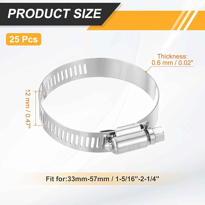 HARFINGTON 25 Pcs Hose Clamp 1-5/16"-2-1/4" (33-57mm) 304 Stainless Steel Adjustable Worm Gear Hose Clamp with Phillips Screw Assortment Kit for Fuel Line Pipe Plumbing Automotive Tube