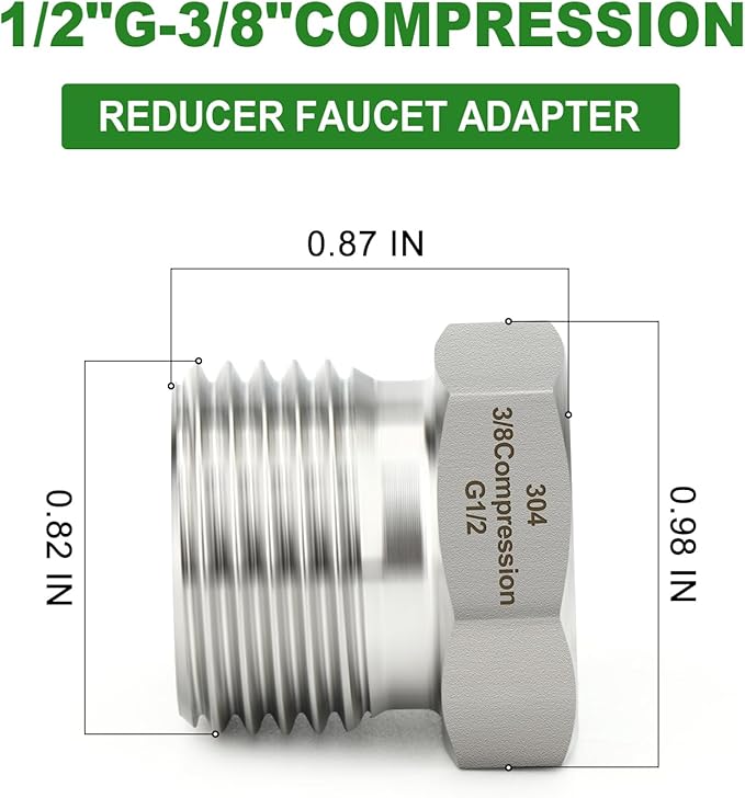 TAISHER 2PCS 304 Stainless Steel Reducer Water Hose Adapter 1/2" G Thread (BSP) × 3/8" Compression Pipe Fitting for kitchen bathroom faucet supply line adapter with rubber gasket