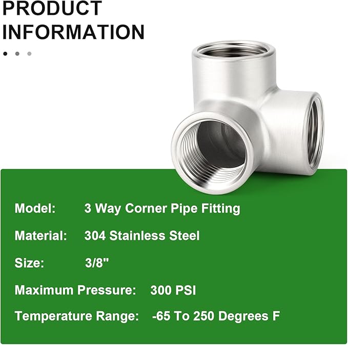 TAISHER 5PCS 304 Stainless Steel 3 Way Corner Pipe Fittings, 3/8" x 3/8" x 3/8" Female Pipe Fittings
