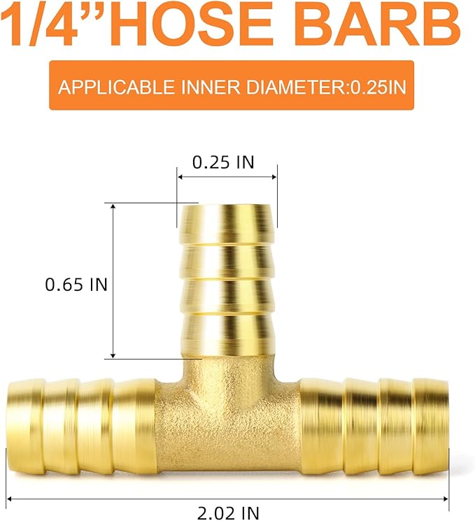 GASHER 2 Pieces Brass Hose Barb Tee, 3-Way Tee Hose Fitting (1/4" x 1/4" x 1/4" Hose Barb)