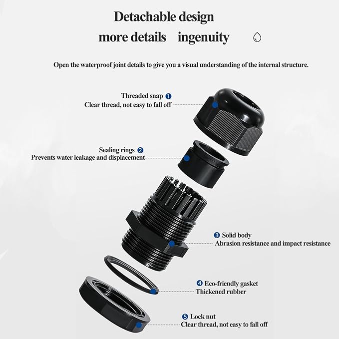 24P Black Cable Glands Adjustable NPT Waterproof Glands 1/2" 3/8" 1/4" 3/4" 1" Cord Grip Strain Relief Wire Plastic Cable Connector NPT Waterproof Grommet Electrical Conduit Fitting Bulkhead Connector