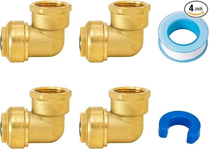 SUNGATOR 3/4 Inch Female Adapter Elbow, 3/4 Inch FNPT, No Lead Brass Push-to-Connect Plumbing Fittings for PEX Pipe, Copper, CPVC, with 1 Release Clip and 1 Sealing Tape, Pack of 4