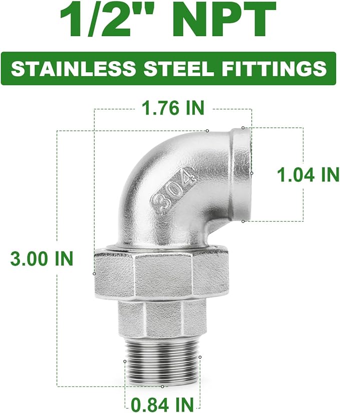 TAISHER 2PCS 304 Stainless Steel 90 Degree Elbow Union，1/2" NPT Female x 1/2" NPT Male Cast Pipe Fitting