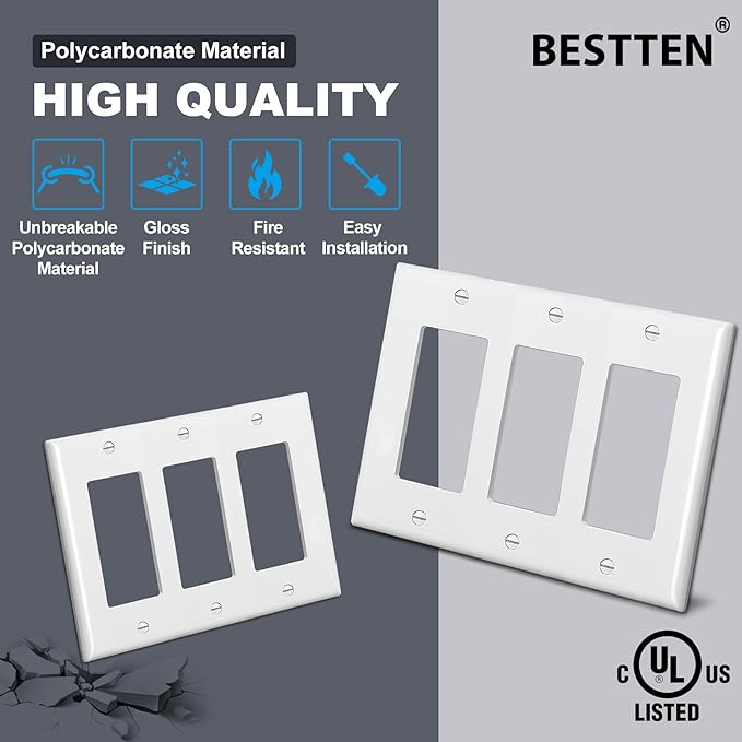 [2 Pack] BESTTEN 3-Gang Decorator Wall Plate, GFCI Outlet and Dimmer Switch Cover with 3 Decorator Openings, Standard Size, H4.53” x L6.38”, Unbreakable Polycarbonate, UL Listed, White