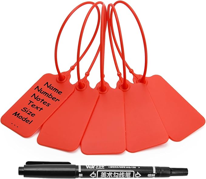 50 Red Blank Plastic Tags for Labeling Waterproof Hanging Labels Writable Tags Seal Plastic Marking Label for Clothes Bags Keys Inventory with One Marker Pen