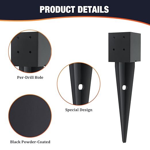 3 Pcs 4x4 Fence Post Anchor Ground Spike (Inner Size 3.6"x3.6") Black Powder Coated–Mailbox Post Anchors 16", for Deck,Fence,Railing,Mailbox..