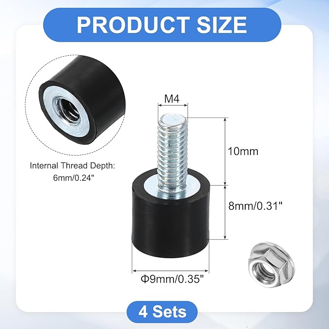 uxcell M4 Rubber Mounts, 4Pcs 9x8mm(DxH) Rubber Cylindrical Anti Vibration Isolator Shock Absorber with Lock Nut for Car Bobbin Generator Air Compressors