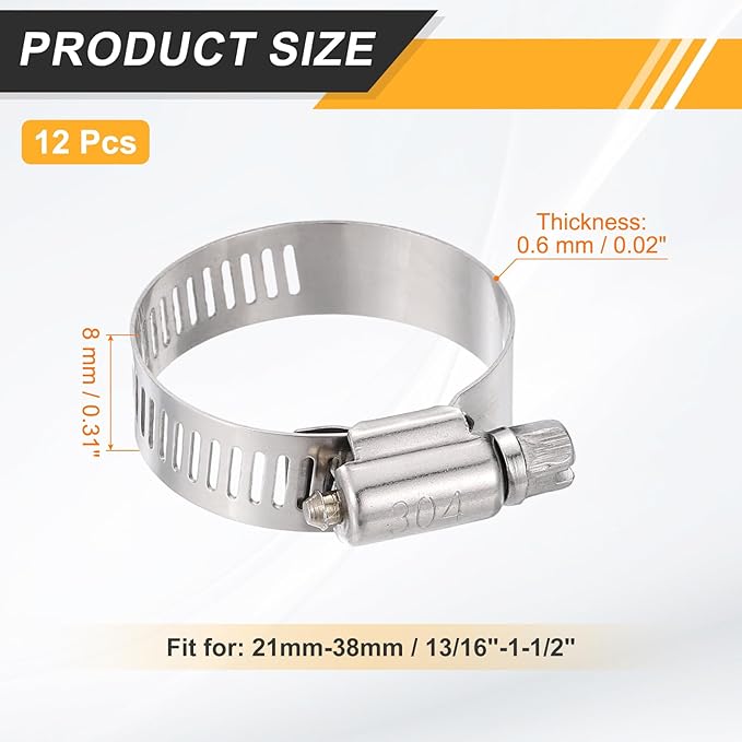 HARFINGTON 12 Pcs Hose Clamp 13/16"-1-1/2" (21-38mm) 304 Stainless Steel Adjustable Worm Gear Hose Clamp Assortment Kit for Fuel Line Pipe Plumbing Automotive Tube Mechanical
