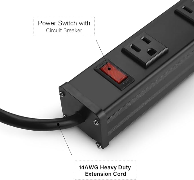 Heavy Duty Power Strip - 16 Outlet Industrial Metal Strip, 6FT Cord, 15A, 125V, 1875W (Black)