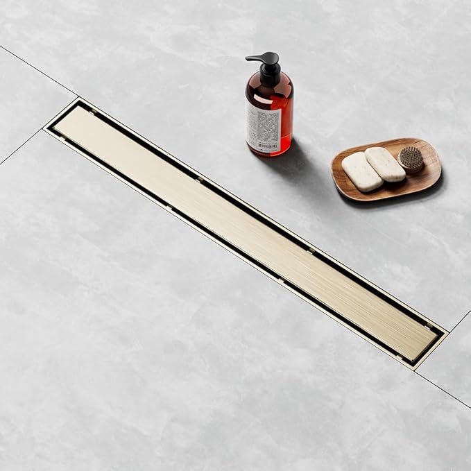 Linear Shower Drain 54 Inch Gold, Brushed AISI 304 Stainless Steel Shower Drain with 2-in-1 Tile Insert Panel, for Bathroom, Kitchen, Garage & More