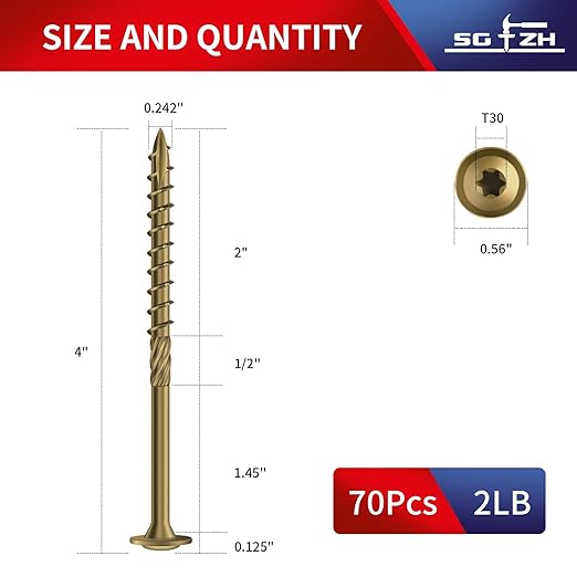 #14 x 4 Inch Lag Screws (70Pcs) 2lb. Structural Wood Screw, Bronze, Carbon Steel, Washer Head, Rust Resistant epoxy Coated, T30 Star Bit