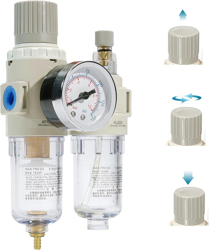 1/4" NPT Compressed Air Filter Regulator Lubricator Combo Pneumatic Air Dryer for Compressor,Water/Oil Trap Separator with Gauge(0-150 PSI), Semi-Auto Drain, Bracket