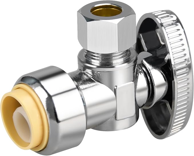 Stop Valves, 1/2" × 3/8" Angle Stop Valve, 1/2" PTC Input, 3/8" OD Compression Output, Push to Connect, 1/4 Turn, Chrome Plated Brass for Faucet, Toilet Valves, No Lead