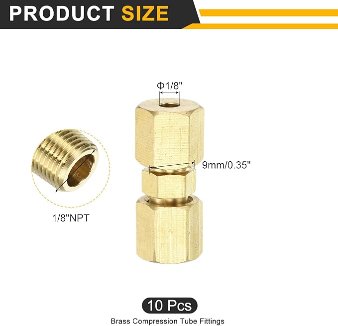 uxcell 5Pcs Brass Compression Tube Fitting, 1/8" Tube OD x 1/8" Tube OD Connector Straight Coupling Adapter Union Fittings