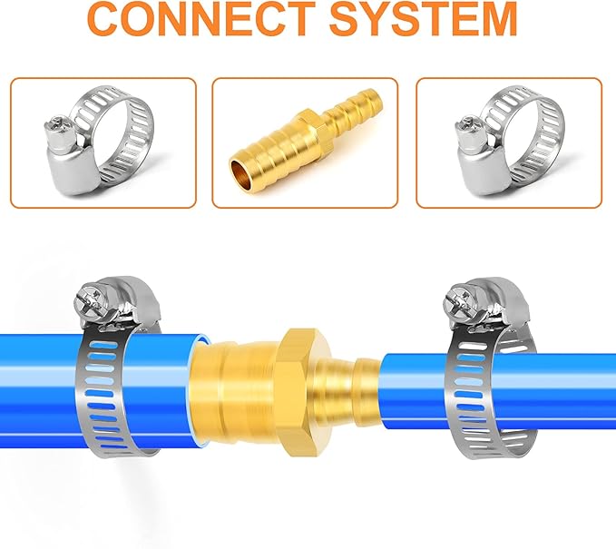 GASHER 2 Pieces Brass Hose Barb Reducer, 5/8 Inch to 3/8 Inch Barb Hose ID with 4 Hose Clam, Brass Barb Reducer SPLICER Fitting Fuel/AIR/Water/Oil/Gas/WOG