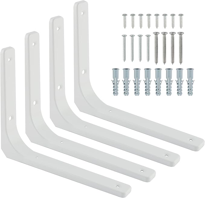 SAYAYO L Bracket, 10 x 8 Inch Iron Metal Shelf Support Heavy Duty Corner Bracket Decorative Shelf Hardware, 4 PCS Bright White