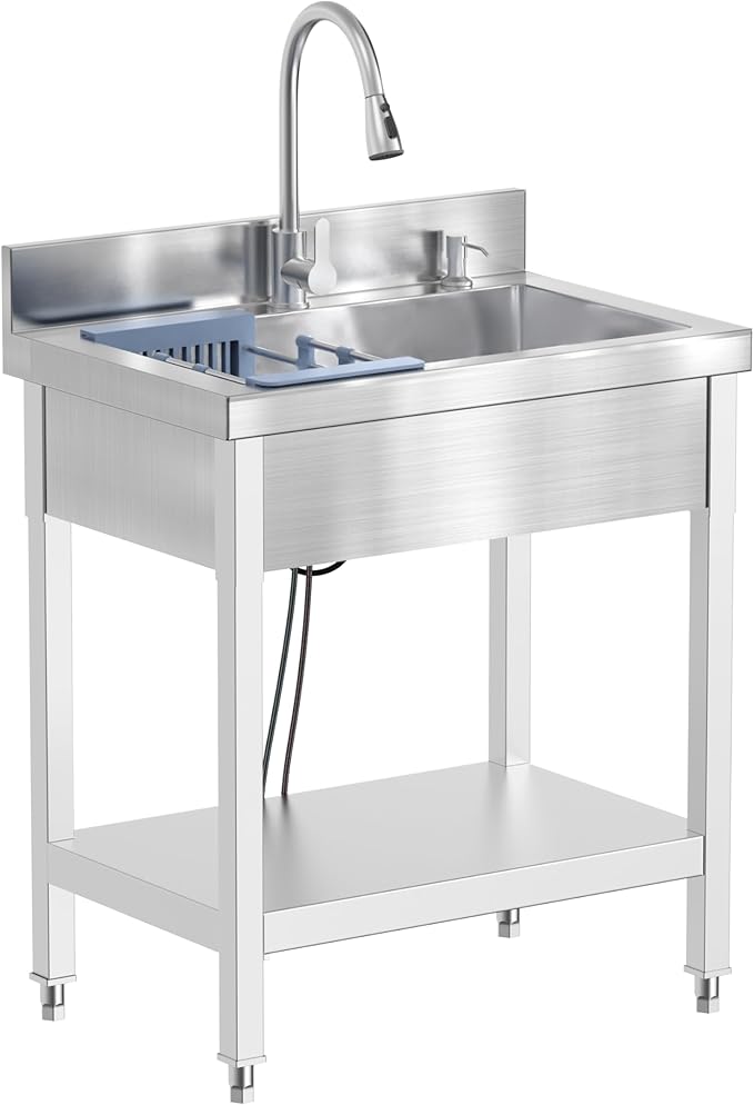 Stainless Steel Utility Sink, 28" Commercial Kitchen Single Bowl Sink with Cold and Hot Water Faucet,Hoses and Drain Kit,Complete Base Plate for Kitchens, Bathrooms, Laundry Room