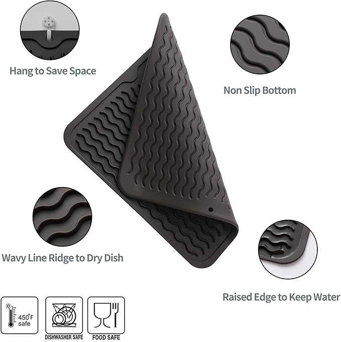 Silicone Dish Drying Mat for Multiple Usage,Easy clean,Eco-friendly,Heat-resistant Silicone Mat for Kitchen Counter or Sink,Refrigerator or Drawer liner Coffee M 12 inches x 12 inches