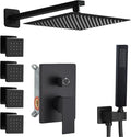 Matte Black Shower Faucet Set with Body Jets 10 Inch Matte Black Shower Head Handheld Shower Combo Set High Pressure Wall Mount with Rough-in Valve