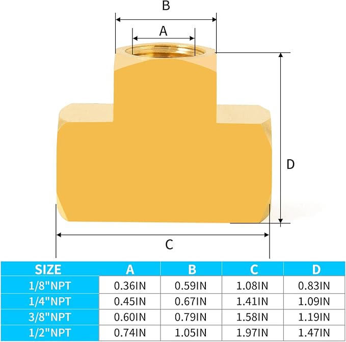 ChillWaves Brass Pipe Fitting, Barstock Tee 1/8" x 1/8" x 1/8" NPT Female Thread Adapter(3-PACK)
