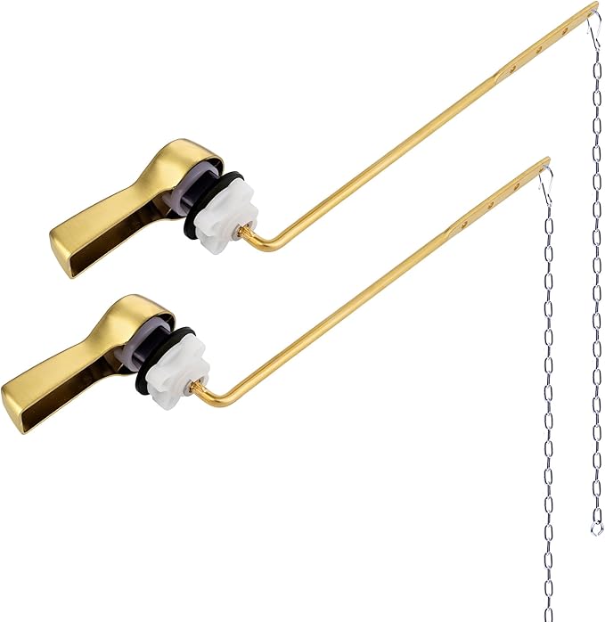Hibbent 2 Pack Universal Front Mount Toilet Handle Tank Flush Lever Replacement Handle with Stainless Steel Flapper Chains for Most Front Mount Toilets- Brushed Gold