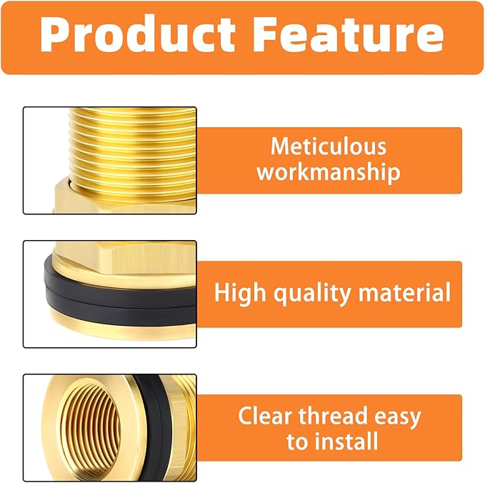 GASHER 2PCS Brass 1-1/2" Female 2" Male Bulkhead Tank Connector Adapter Fitting with Rubber Ring