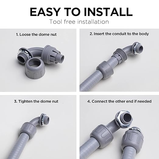 1/2-Inch Liquid Tight Connector 90-Degree, for PVC Electrical Flexible Conduit Fittings NPT Non-Metallic Connectors, for Home Outdoor Tubes Tools, UL Listed, Grey, 60-Pack