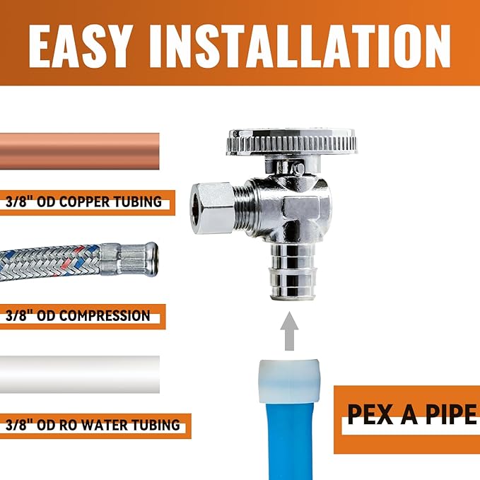 SUNGATOR 6-Pack Pex A Angle Stop Valve, 1/2" Pex A Expansion x 3/8" OD Compression, 1/4 Turn Chrome Plated Brass Shut Off Valve