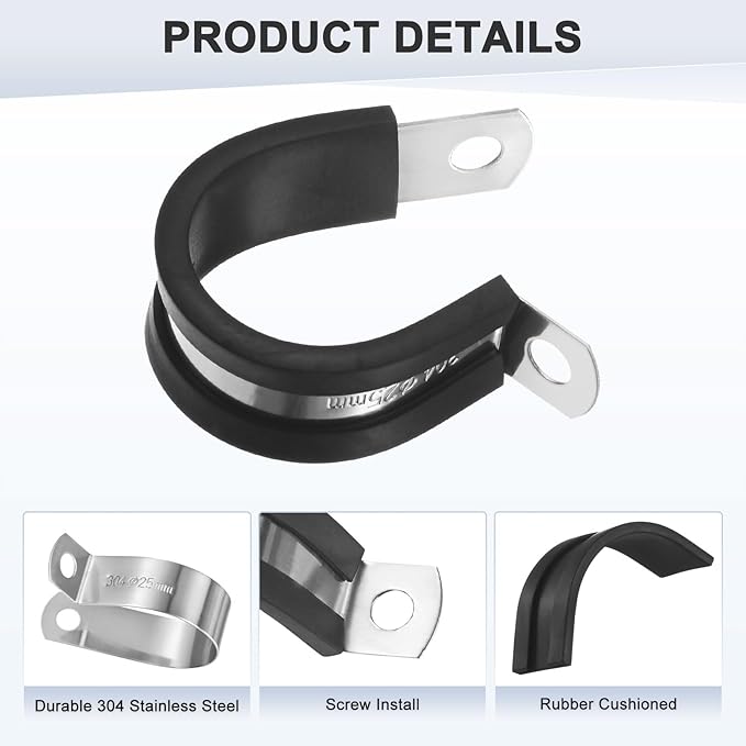 12-Pack Cable Clamps, 1 Inch/ 25 mm 304 Stainless Steel Rubber Cushioned Insulated Cable Clamp R Shape Metal Holder for Tube/Wire/Pipe/Loop Installation