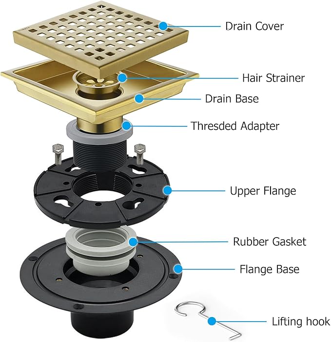 6 Inch Square Shower Floor Drain with Flange,Quadrato Pattern Grate Removable,Food-Grade SUS 304 Stainless Steel,Brushed Gold