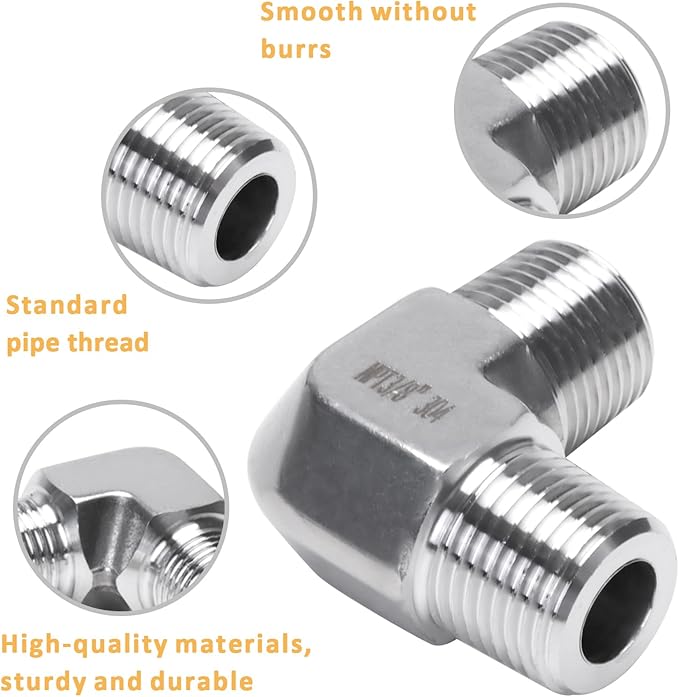 90 Degree Street Elbow - 3/8" NPT Male to 3/8" NPT Male Stainless Steel 304 Heavy Duty Forged Barstock Street Elbow Adapter Pipe Fitting (pack of 5)