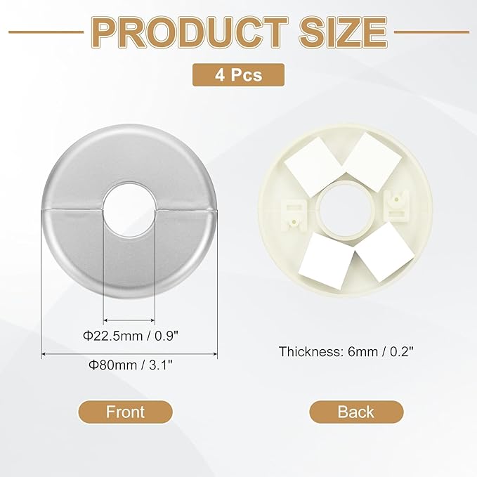 PATIKIL Wall Split Flange 80mm / 3.1" OD, 4 Pcs Round Escutcheon Plate Cover PPR Plumbing Cover Plates with Self-Adhesive Tape for 22.5mm / 0.9" Dia Water Pipe Faucet, Silver