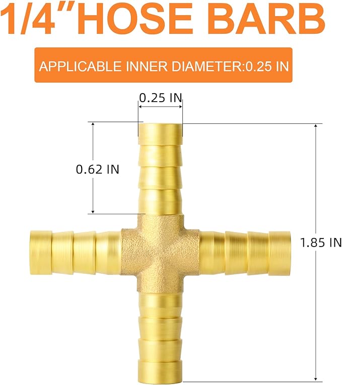 GASHER 2PCS 1/4" Brass Hose Barb, 4-Way Fitting with 8 Clamp Intersection/Liquid/Fuel/Air