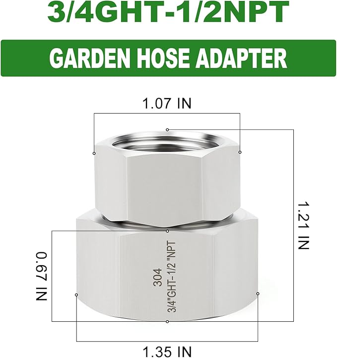 TAISHER 2PCS 304 Stainless Steel Garden Hose Adapter, 3/4" GHT Female x 1/2" NPT Female Garden Hose Connector with Washers
