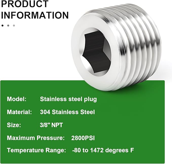 TAISHER 10PCS 304 Stainless Steel Internal Hex Thread Socket Pipe Plug Fitting 3/8" NPT Male