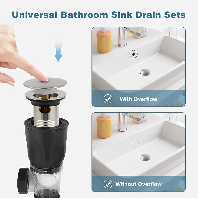 iFealClear Bathroom Sink Drain Kit, Flexible P-Trap Drain Pipe with Pop Up Stopper, Sink Pipe Replacement with 2 Adapters, Fits 1-1/4'', 1-1/2'', 2" Holes, Large Cover Cap, Brushed Nickel