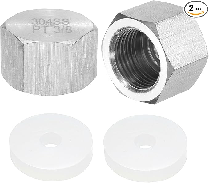 uxcell 2pcs Hex End Cap 304 Stainless Steel Nut with Washer, PT 3/8" Female Thread Pipe Fitting, Gas Line Water Line Stop Valve Cap Tubing Ends for Plumbing Fittings, Silver Tone