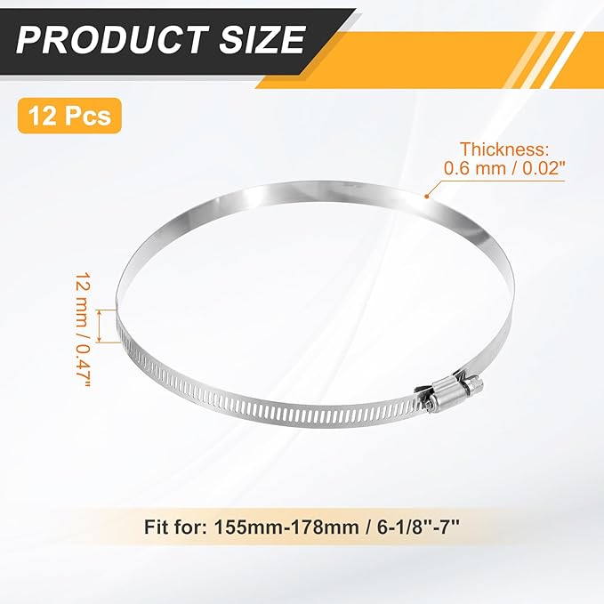 HARFINGTON 12 Pcs Hose Clamp 6-1/8"-7" (155-178mm) 304 Stainless Steel Adjustable Worm Gear Hose Clamp Assortment Kit for Fuel Line Pipe Plumbing Automotive Tube Mechanical