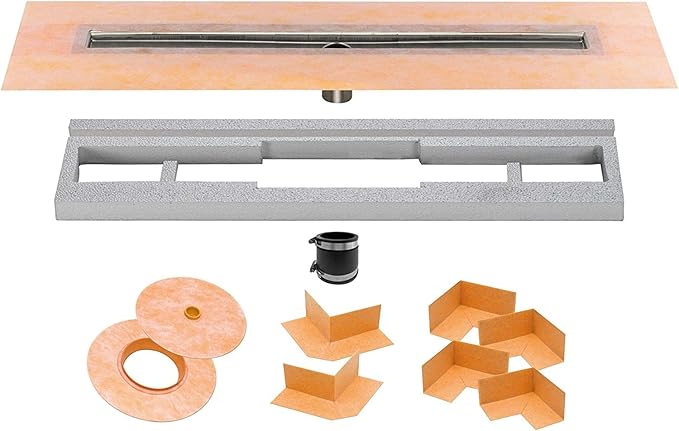 All-in-one Waterproof Linear Shower Drain Kit with 44 Inch Center Outlet Channel Body (KL1V60E110) and Drain Grate Assembly (Cover) in Solid Design with Matte Black Finish (KL1AR19MGS110)