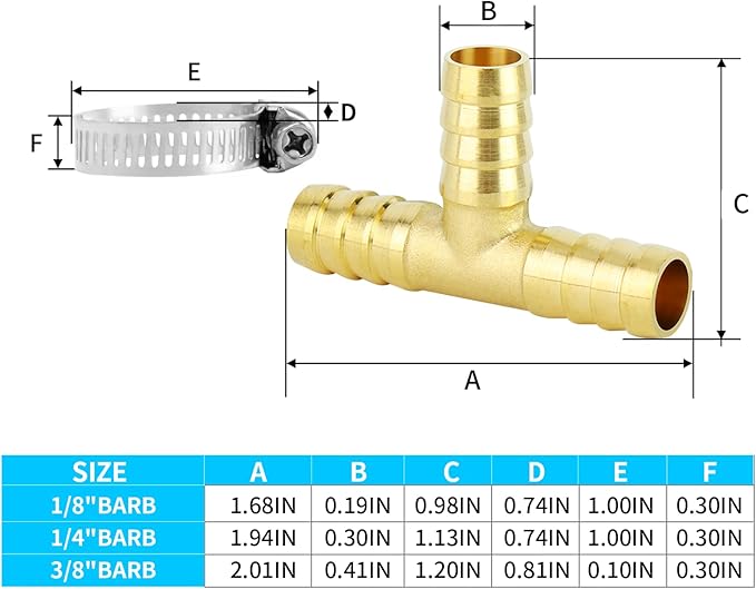 ChillWaves Brass Hose Barb Fittings, Tee 3 way Union Intersection/Splitter Fitting 3/8" Barb x 3/8" Barb x 3/8" Barb with Hose Clamp For Water/Fuel/Air(3-PACK)