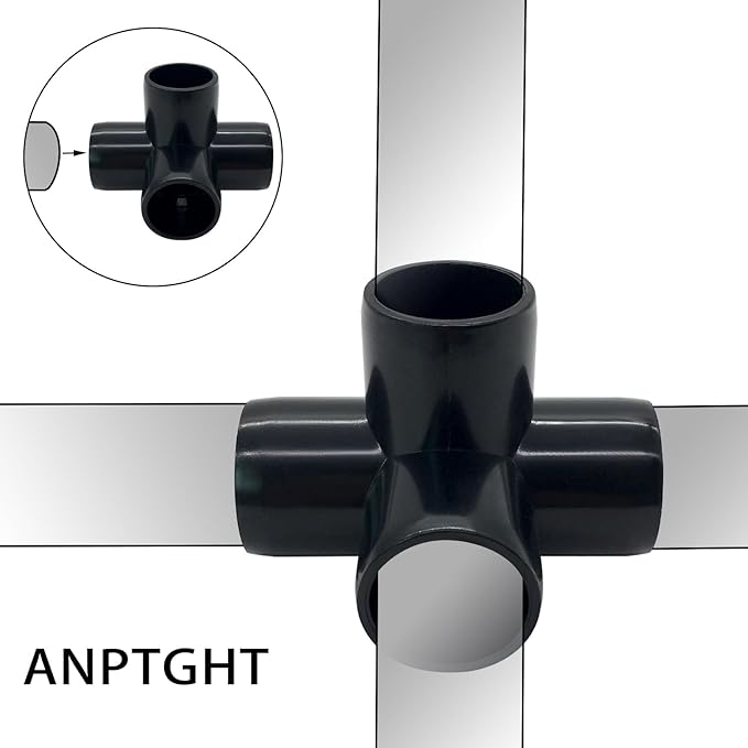 1“ Tee PVC Fitting 4 Way Elbow Connector, Furniture Grade 90 Degree Elbow Side Outlet. Corner Fittings for Building Furniture Greenhouse Shed Pipe Fittings Tent Connection (Black-Pack of 8)