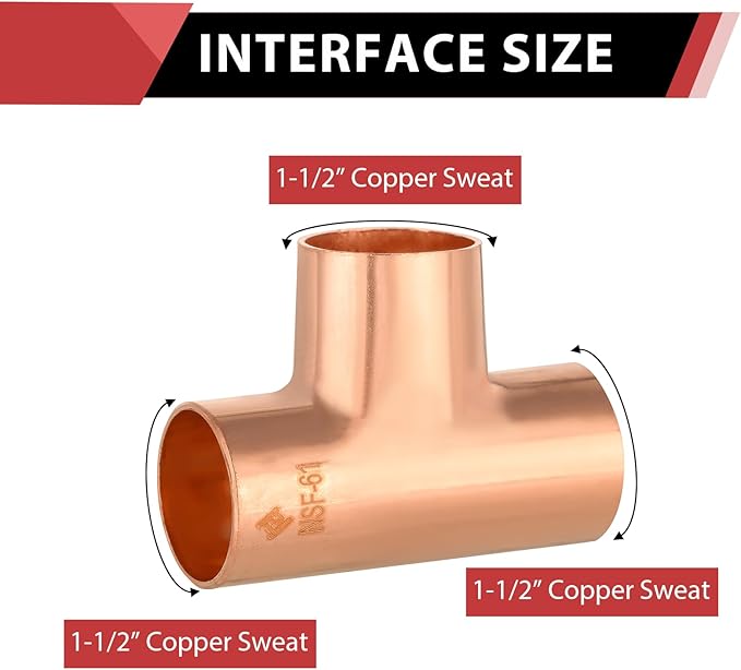 EFIELD 1-1/2" C X C X C Copper Tee, LF Copper Plumbing Fitting with Sweat Solder Connection,(COPPER106)