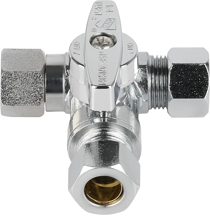 (Pack of 20) EFIELD 1/4-Turn Stop Tee Compression Stop Valve, 3/8" OD x 3/8" OD x 1/4" OD, Chrome Plated Brass, UPC Certified,(VALVE463-20PCS)